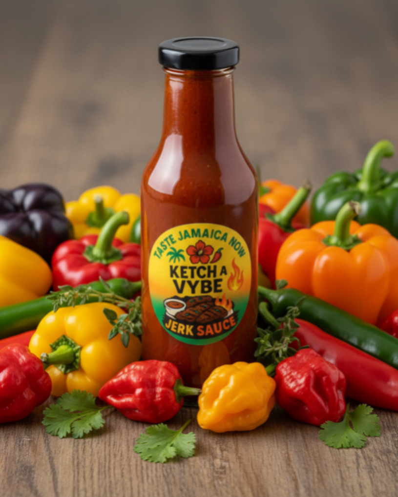 Ketch a Vybe bottle with logo surrounded by peppers
