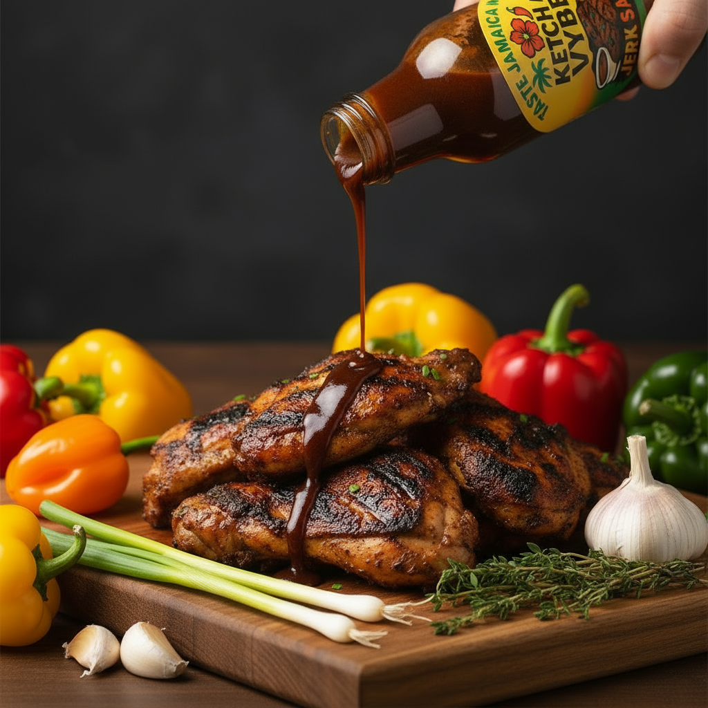 Ketch a Vybe sauce with jerk chicken and authentic Jamaican ingredients