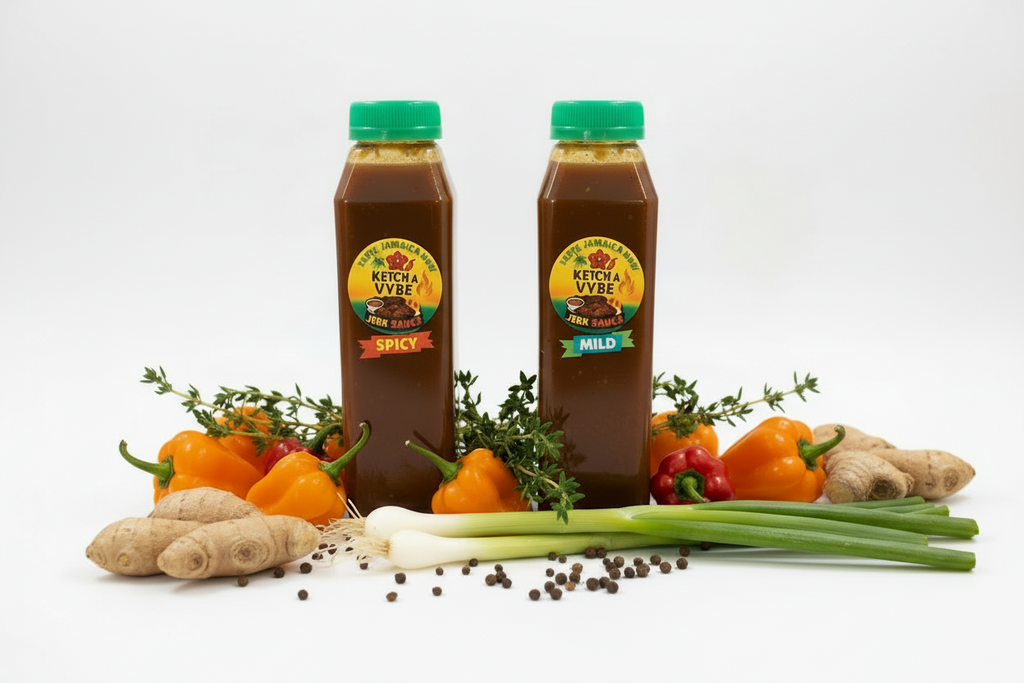 Ketcha Vybe Jerk Sauce - Spicy and Mild versions PUT A PINEAPPLE IN BACKGROUND

