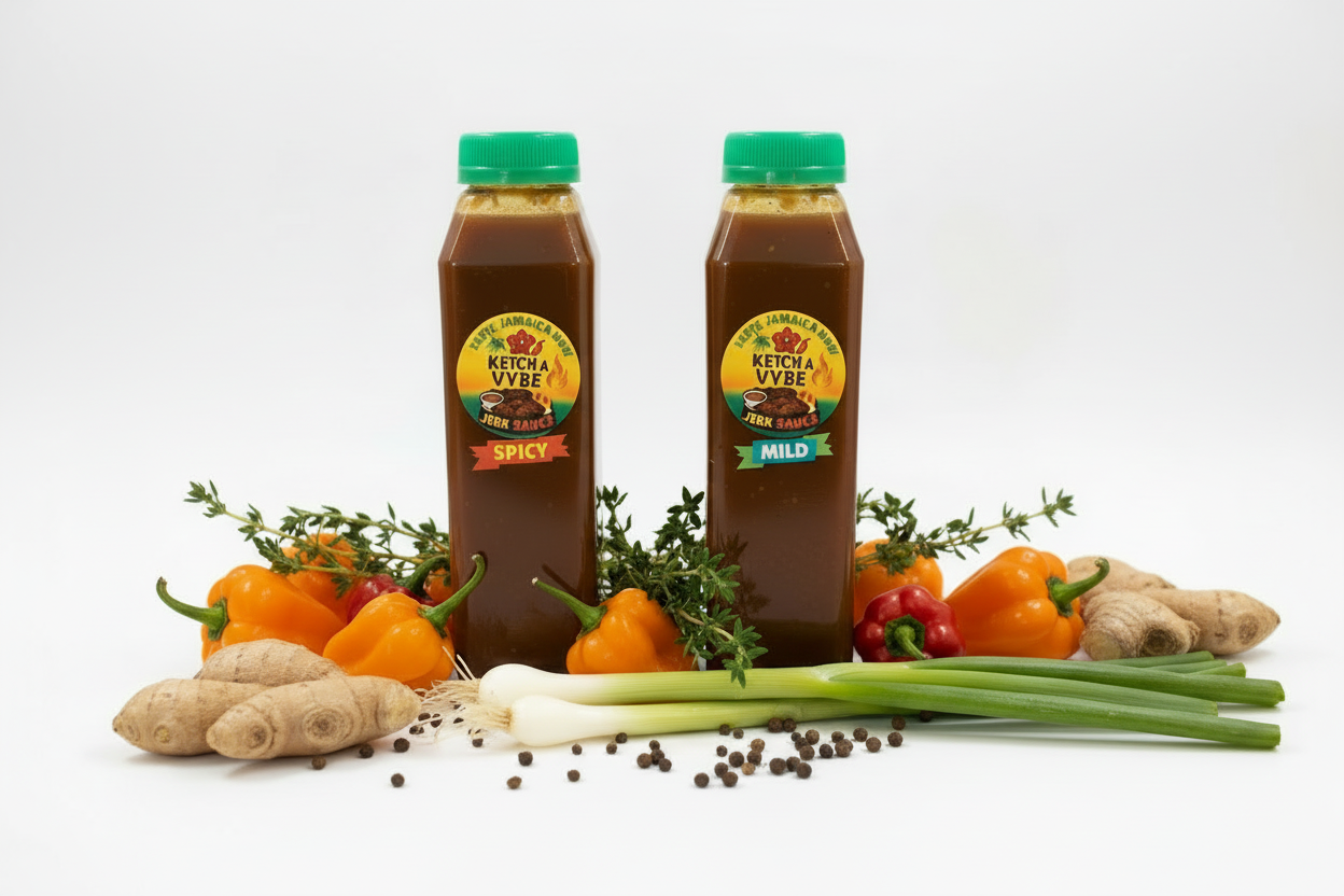 Ketcha Vybe Jerk Sauce - Spicy and Mild versions PUT A PINEAPPLE IN BACKGROUND

