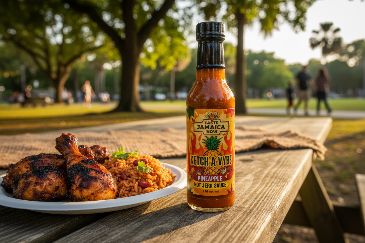 TASTE JAMAICA NOW-- KETCH A VYBE PINEAPPLE HOT JERK SAUCE BOTTLE OF SAUCE ON A OUTDOOR PARK TABLE WITH RICE AND BEANS AND JERK CHICKEN ON A PLATE
